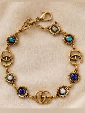 Gold Blue Turquoise Floral Charm Bracelet Vintage Style Dainty Statement Jewelry